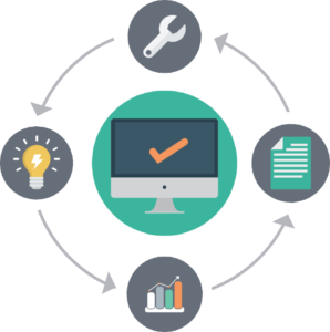 showing a life cycle with a laptop in the middle with a check mark
