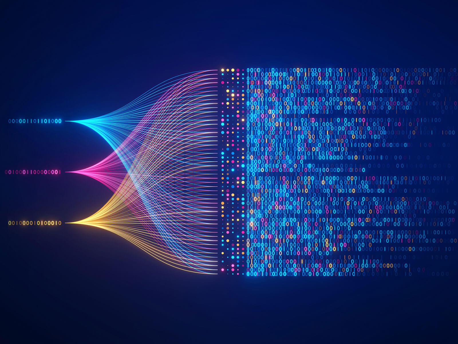 Illustration representing various concepts of big data and data science including data flow, analysis, and artificial intelligence