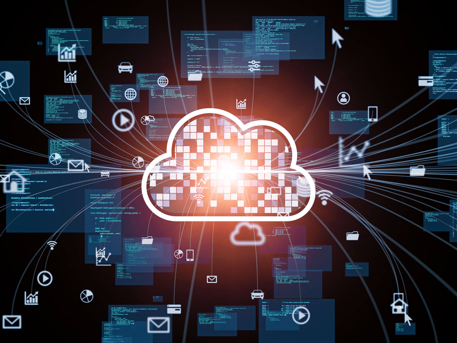 Cloud backdrop with overlay of communication network lines, demonstrating interconnectedness in cloud computing