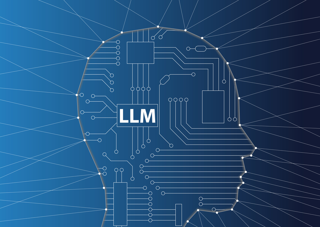 Outline of a head with LLM (Large Language Models) written in the center.