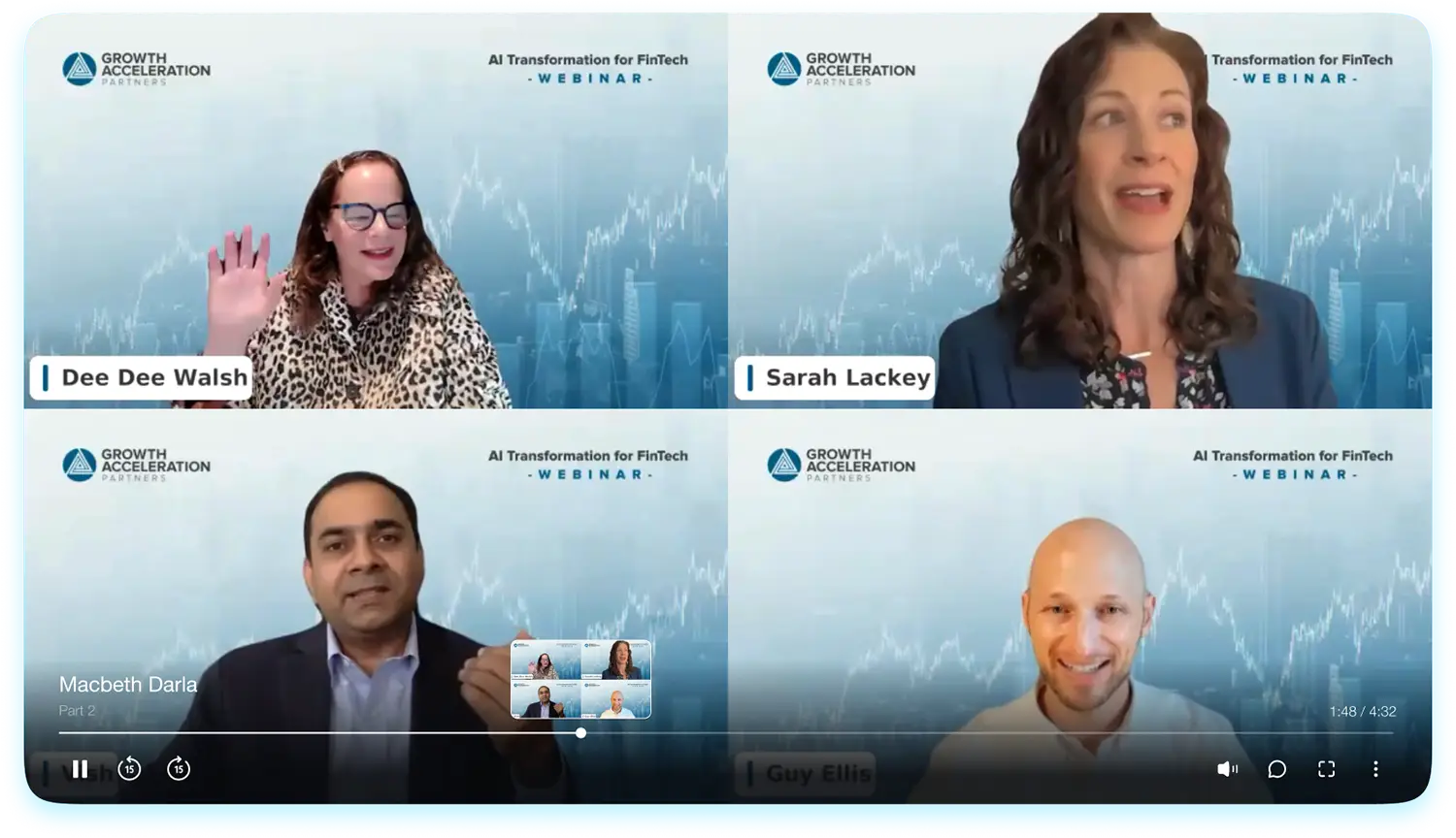 Webinar Window – Hero Section – Finance Four speakers from Growth Acceleration Partners during the “AI Transformation for FinTech” webinar, each in a virtual panel