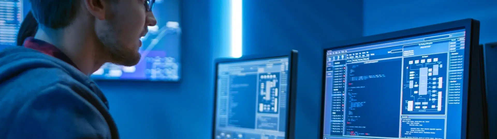 Technology professional analyzing code and systems on multiple monitors