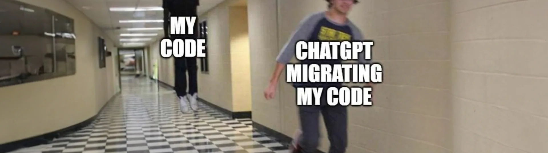 Humorous meme depicting a figure labeled My Code being chased by a figure labeled ChatGPT Migrating My Code in a school hallway