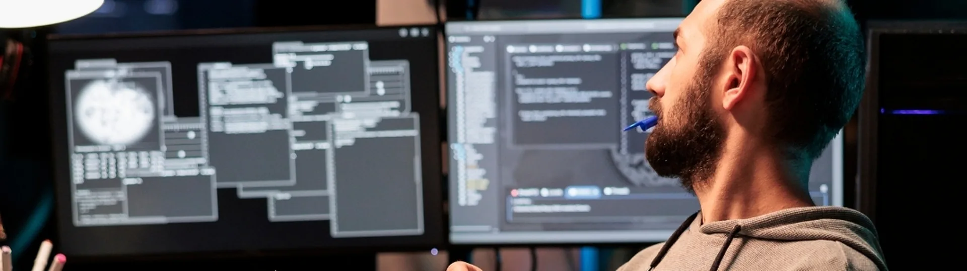 Software engineer reviewing code on multiple monitors while consulting notebook