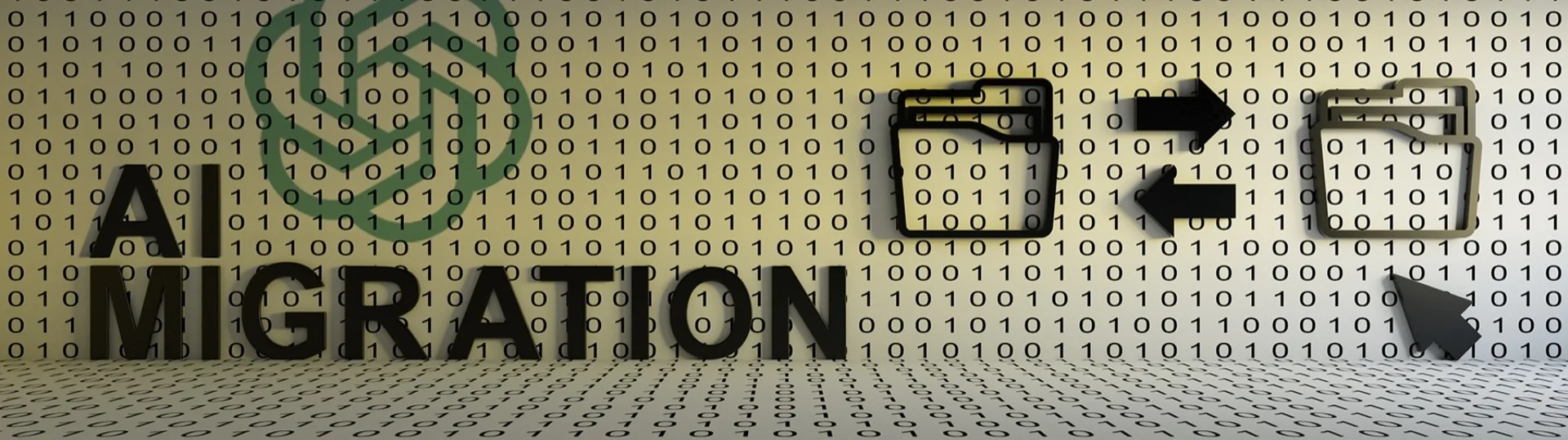 Binary code overlay with AI Migration text representing legacy application modernization with artificial intelligence