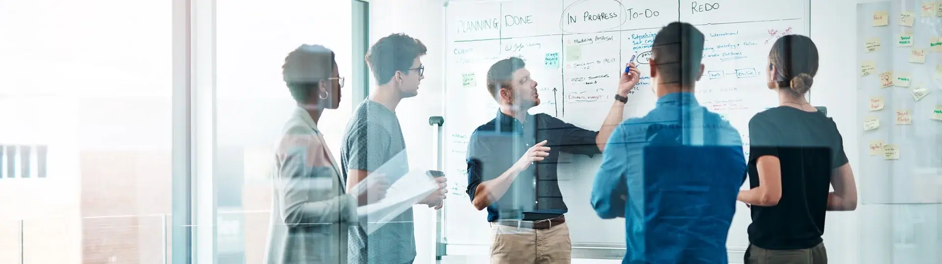 Agile development team reviewing a Planning, Done, In Progress, and To-Do whiteboard during a sprint planning session