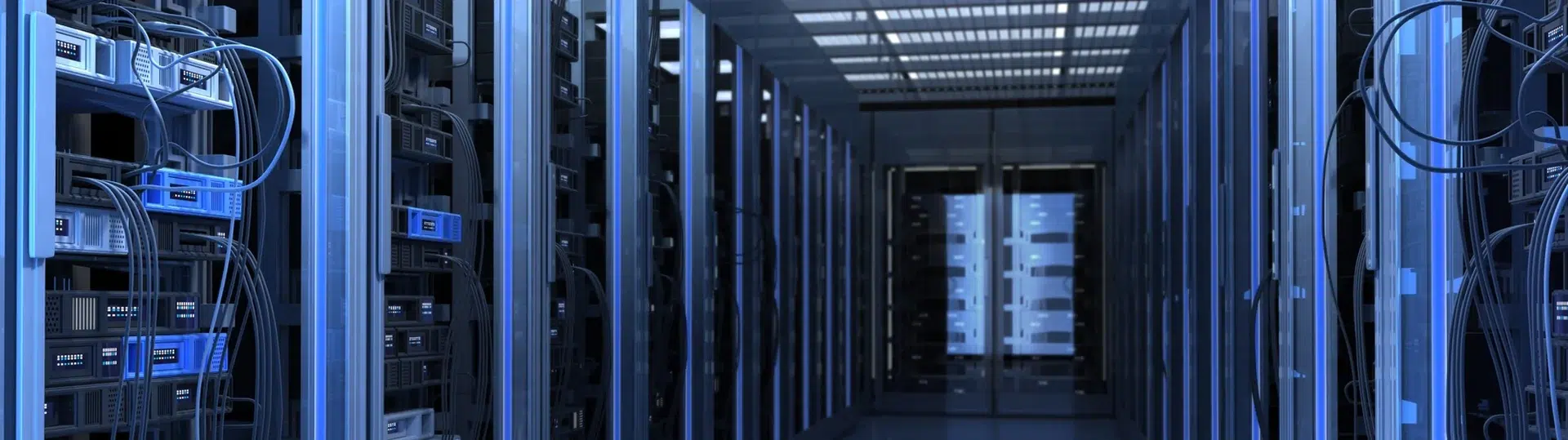 Modern data center server room corridor lined with blue-lit server racks representing distributed cloud infrastructure