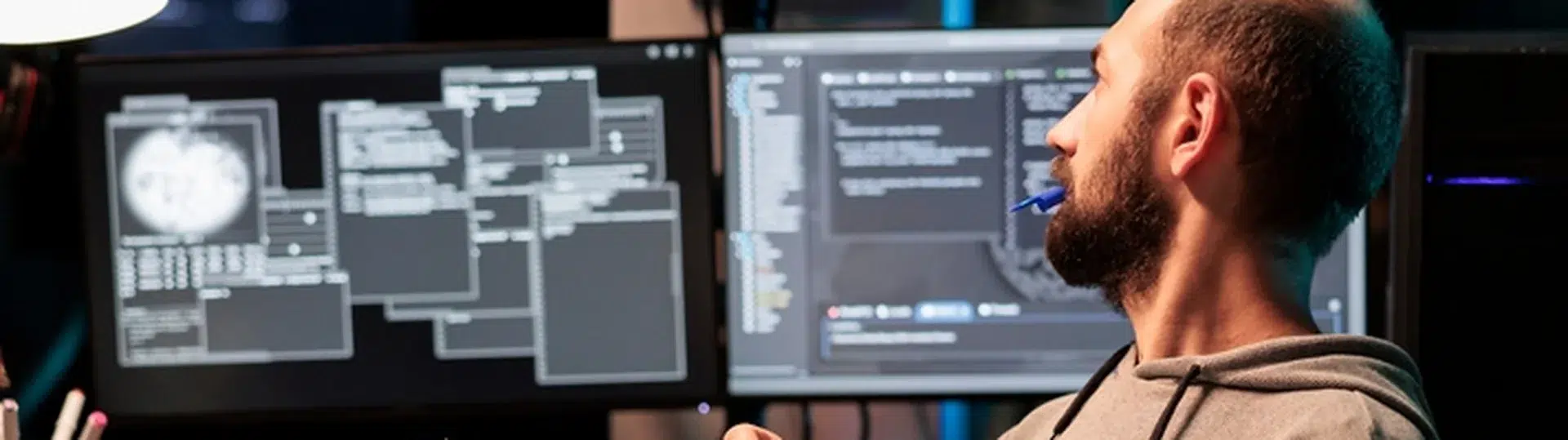 Developer reviewing code and system architecture across multiple monitors in a dark office environment