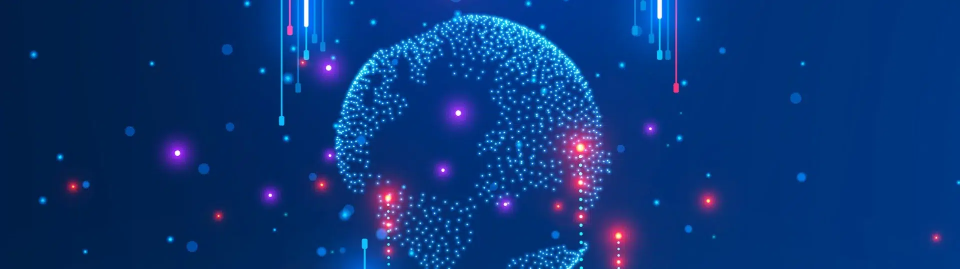 Glowing digital AI globe with smart city skyline on blue circuit background representing global enterprise AI adoption