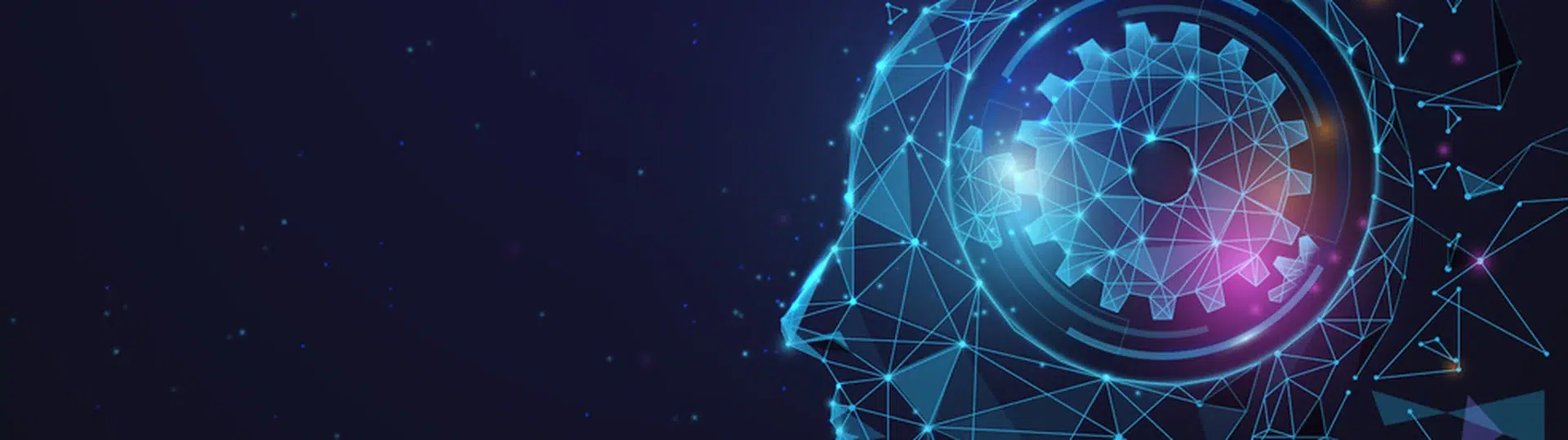 Geometric polygon AI head silhouette with glowing gear mechanism representing strategic AI planning and implementation