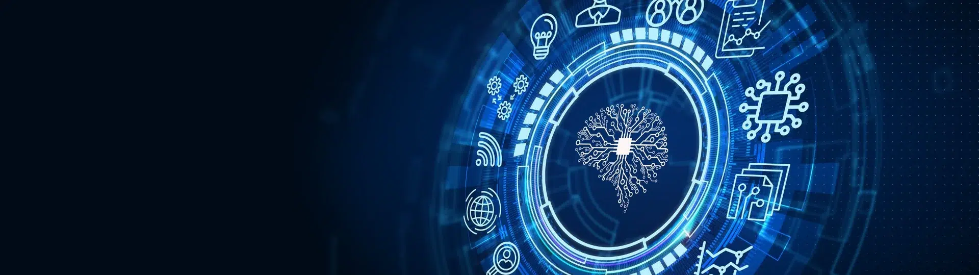 Glowing AI brain circuit diagram with machine learning and technology icons on dark blue background