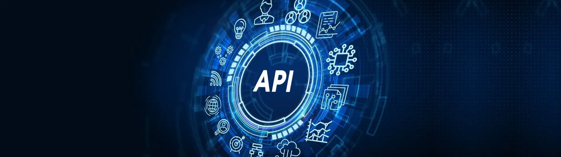 API circular diagram with surrounding technology icons including people, analytics, cloud and connectivity symbols on dark blue background