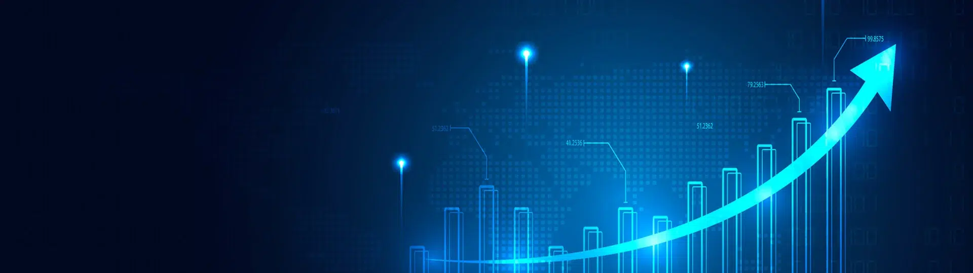 Glowing upward-trending bar chart and growth arrow on dark blue digital background representing application scalability metrics