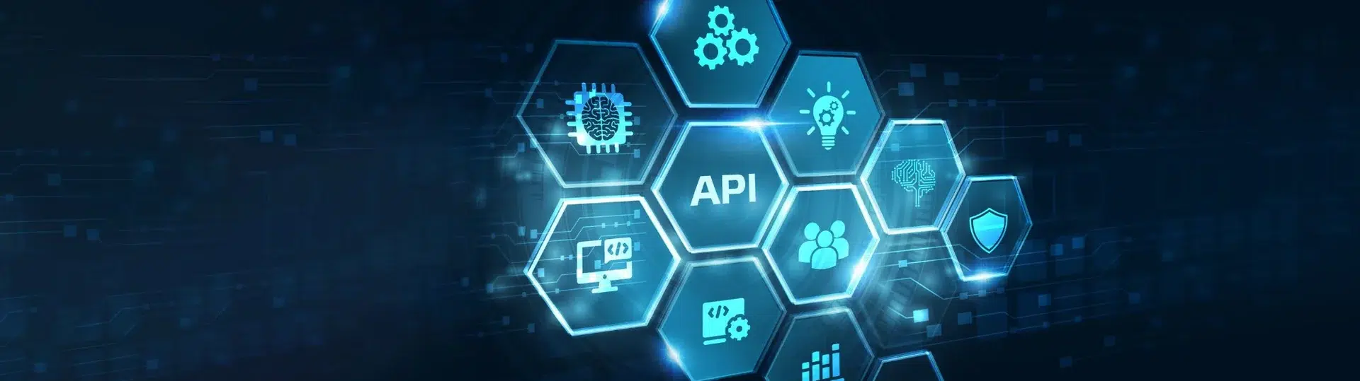 API hexagonal icon cluster representing interconnected application programming interfaces on dark blue tech background