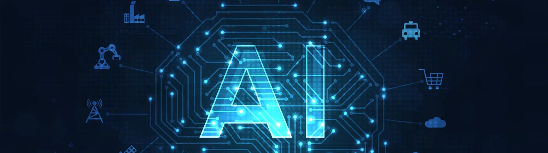 AI circuit brain graphic with industry application icons including manufacturing, transportation, and IoT on dark blue background