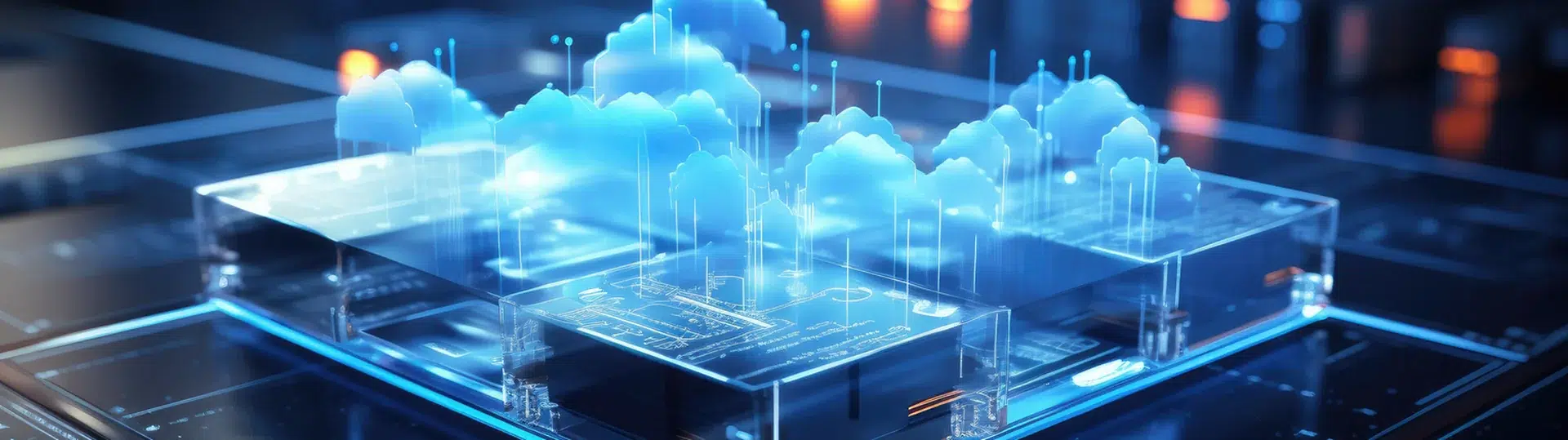 Holographic cloud computing visualization with glowing blue clouds rising from a transparent chip platform