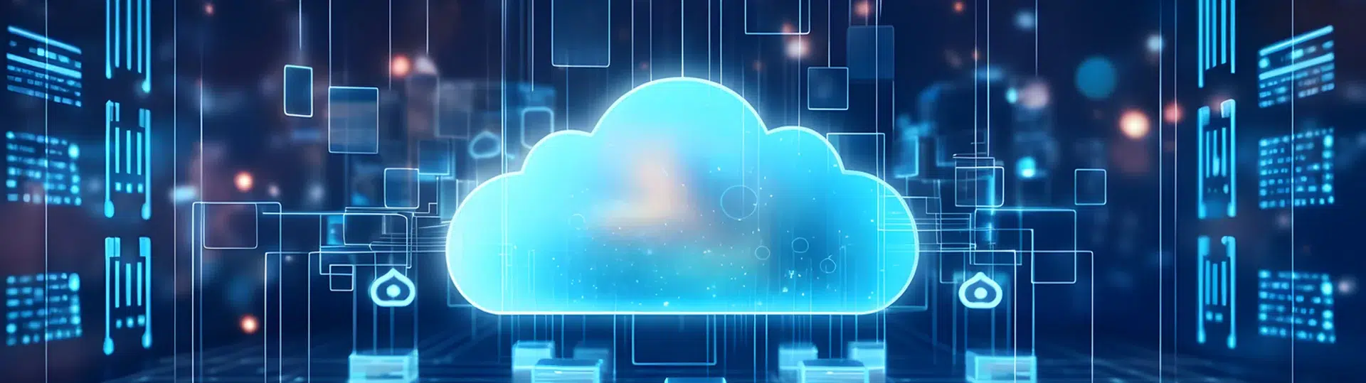Glowing cloud connected to server nodes in a digital data center infrastructure scene