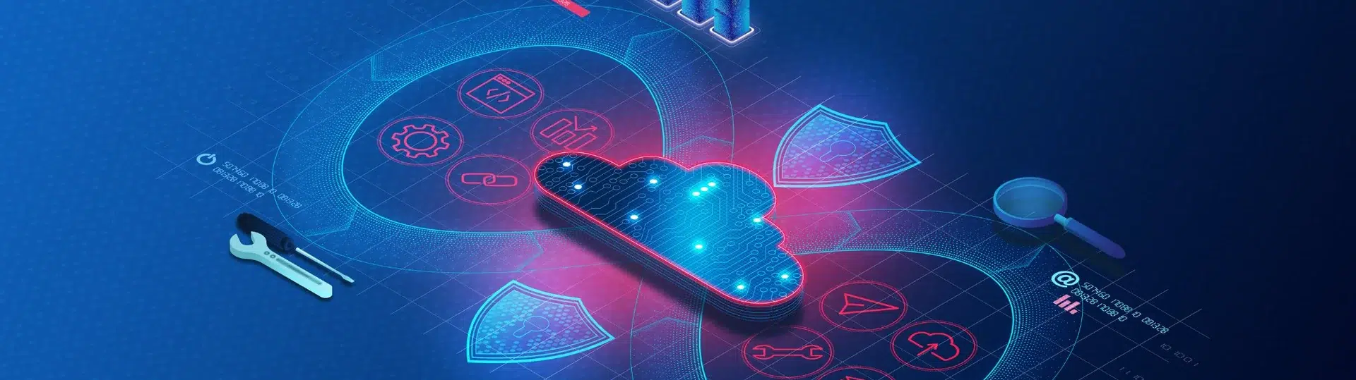 Isometric cloud security illustration with shield icons and development tool icons on dark blue background