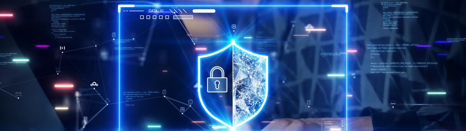 Glowing cybersecurity shield and lock on dark tech background representing AI data protection and regulatory compliance