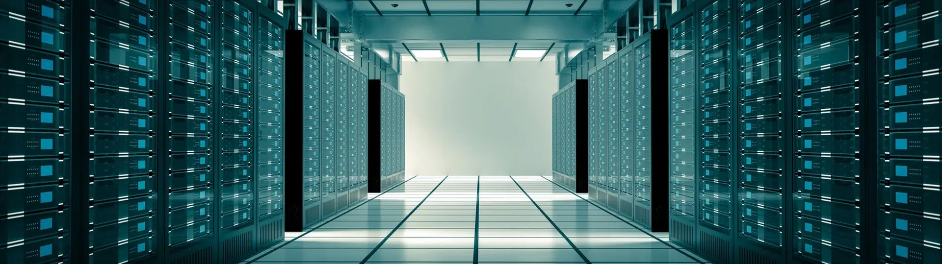 Data center server room corridor with rows of rack-mounted servers and blue LED lighting