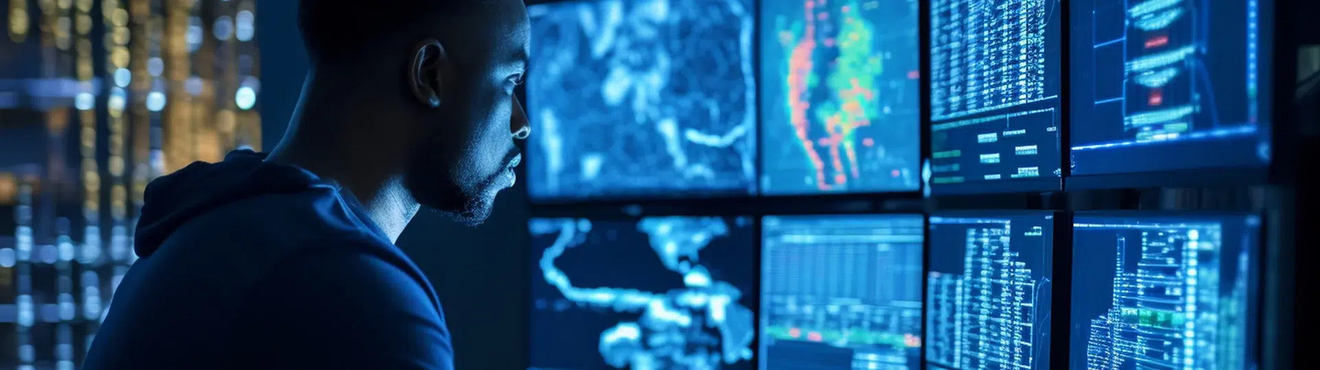 Data scientist working at a multi-monitor analytics dashboard with data visualizations