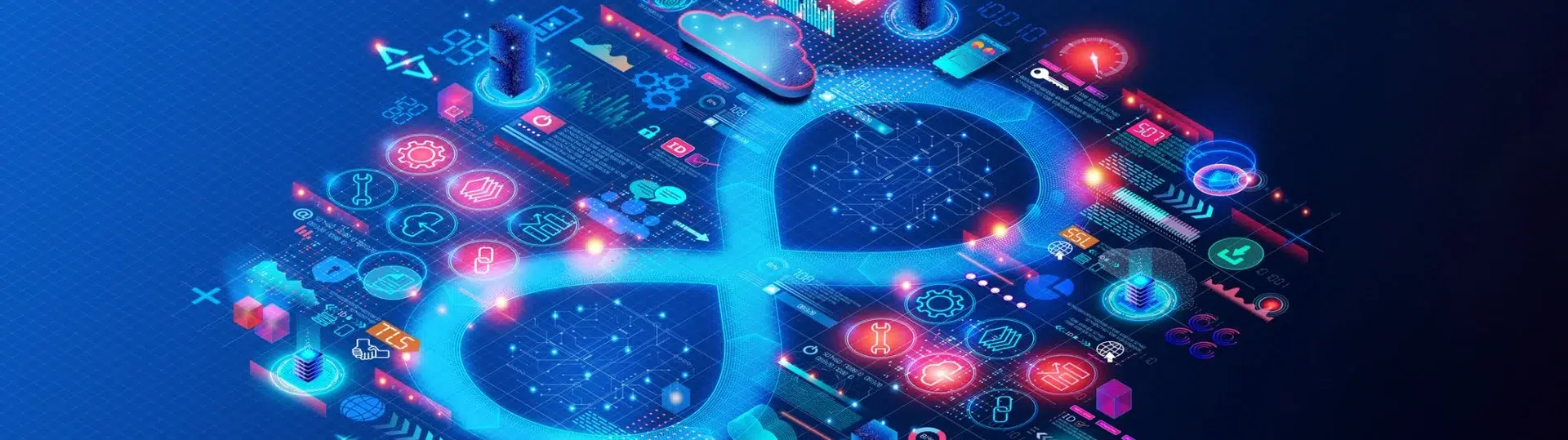 Isometric DevSecOps infinity loop diagram with colorful security and DevOps icons on dark blue background