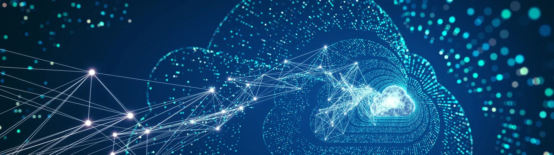 Digital cloud network with glowing particle connections representing cloud-native transformation