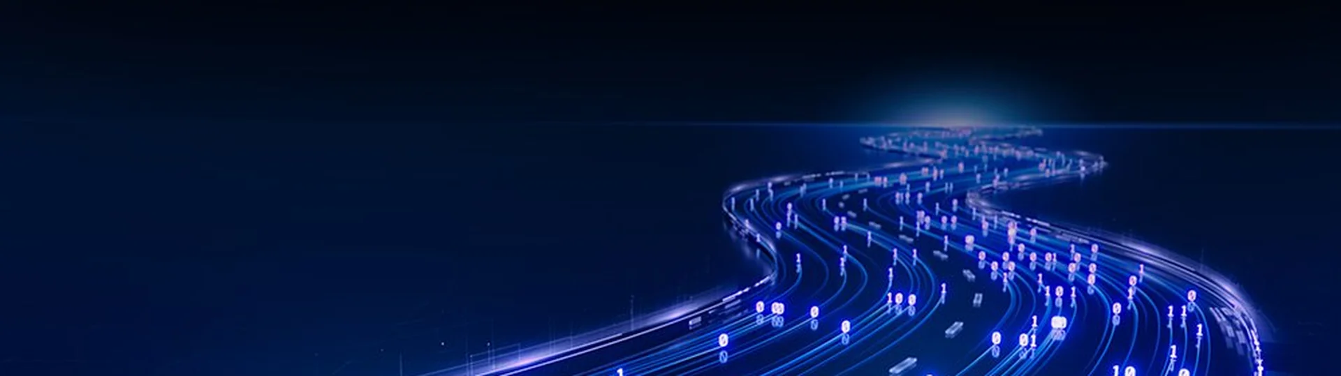 Sweeping digital data highway with glowing blue binary 0s and 1s representing application data migration
