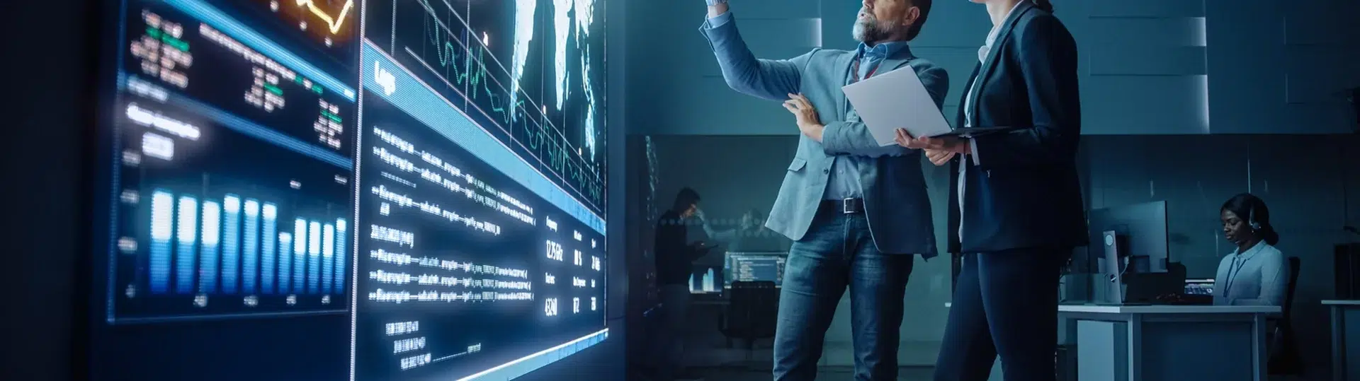 Technology executives reviewing global analytics dashboard planning nearshore AI strategy for competitive advantage