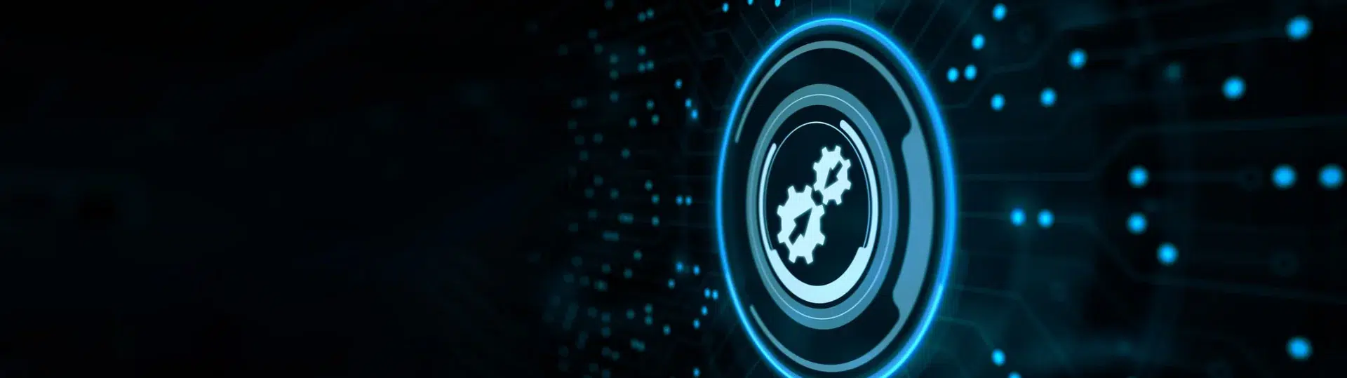 Glowing gear automation icon in circular ring on dark digital circuit and dot-matrix background