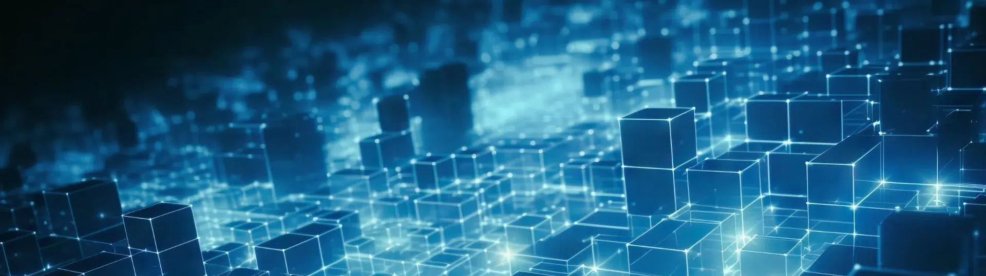 Abstract glowing blue interconnected data blocks representing modular data architecture and mesh topology