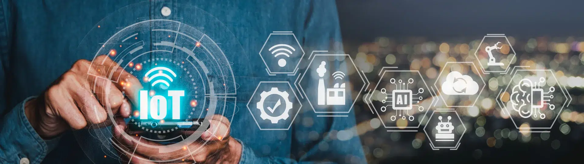 Person holding IoT holographic interface surrounded by AI and industrial connected device icons
