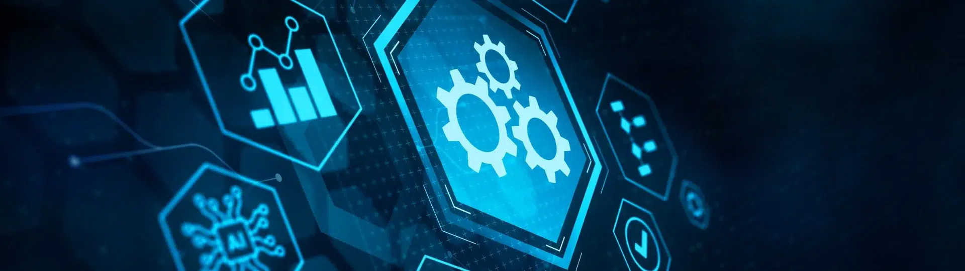 Glowing hexagonal tech icons including gears, AI chip, and analytics on dark blue digital background