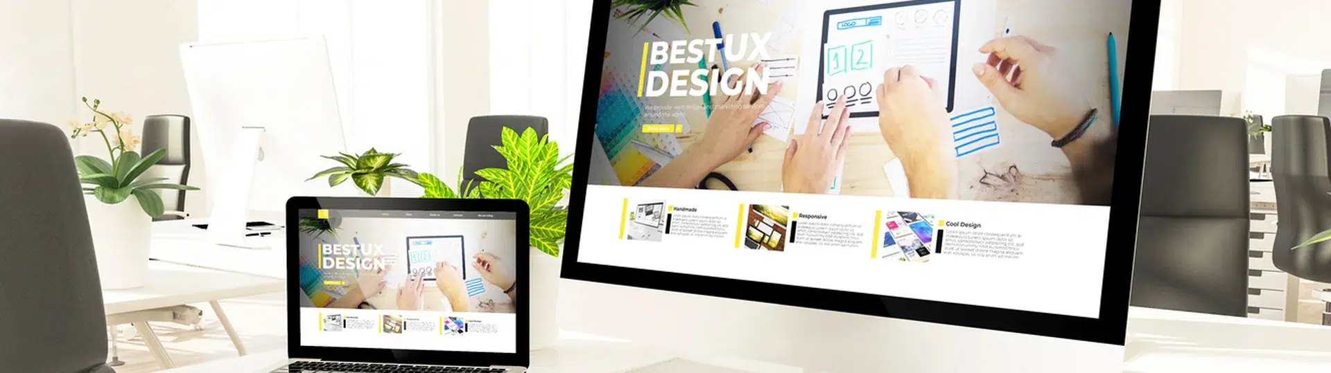 Responsive UX design displayed across desktop, laptop, and tablet devices in a modern office setting