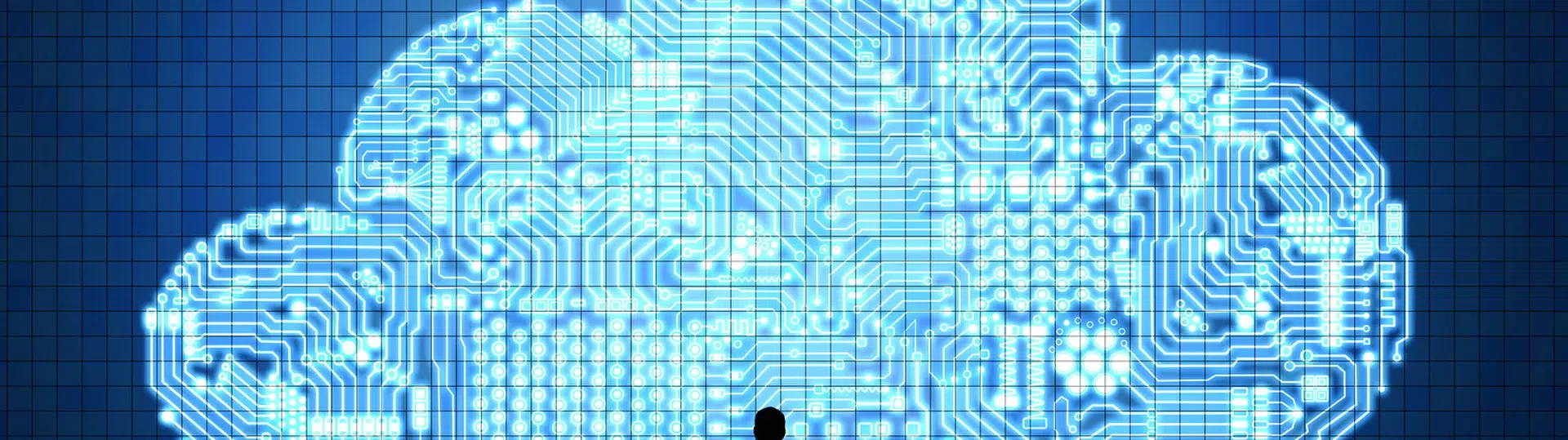 Person silhouette standing before a large glowing circuit-board cloud display representing cloud computing infrastructure