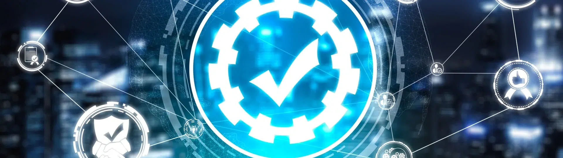 QC gear and checkmark hologram with quality assurance icons floating above a tablet against a city skyline