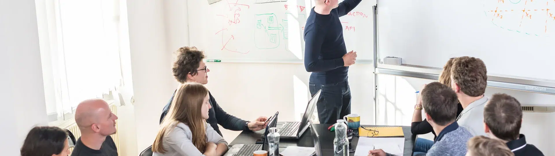 QA team collaborating around a whiteboard during a test planning session