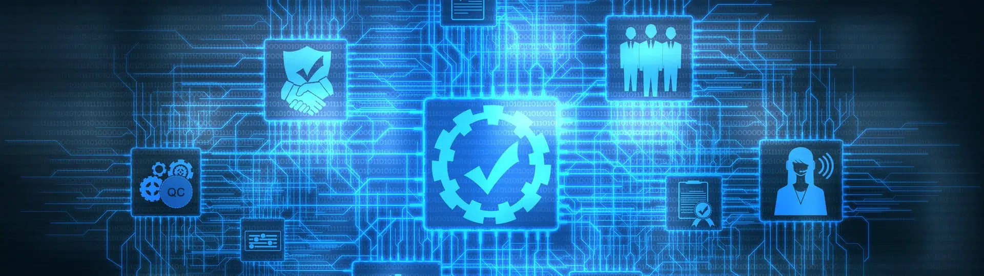 Quality assurance and QA testing icons on digital circuit board background