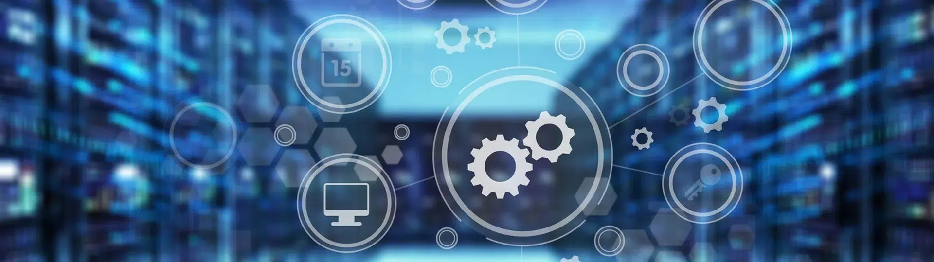 Hand holding tablet with floating automation gear icons overlaid on a data center server room corridor