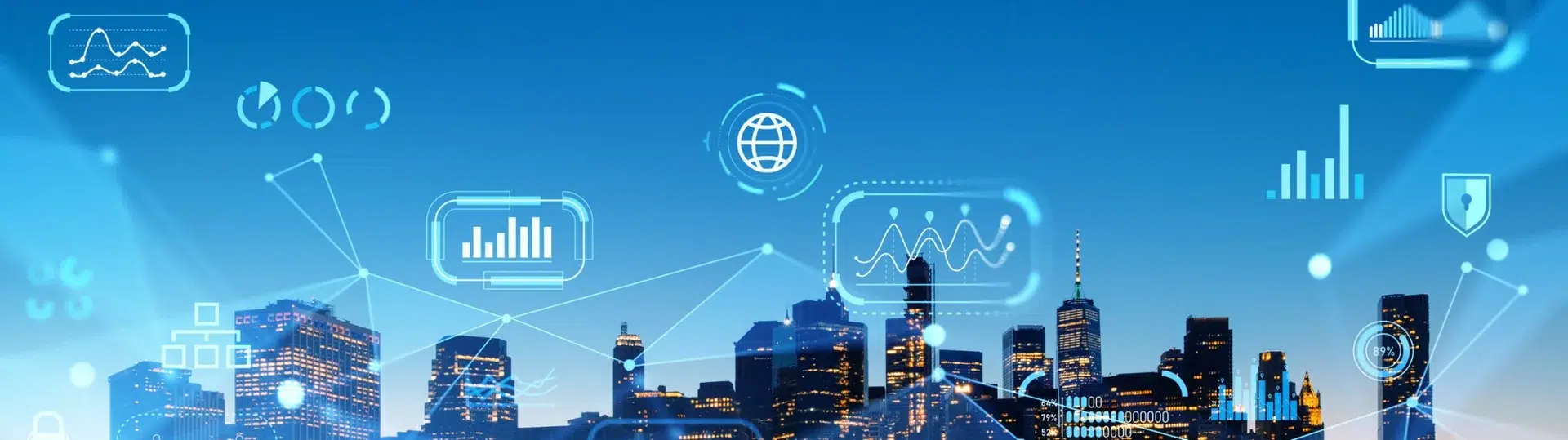 Illuminated smart city skyline overlaid with IoT data icons and interconnected network nodes