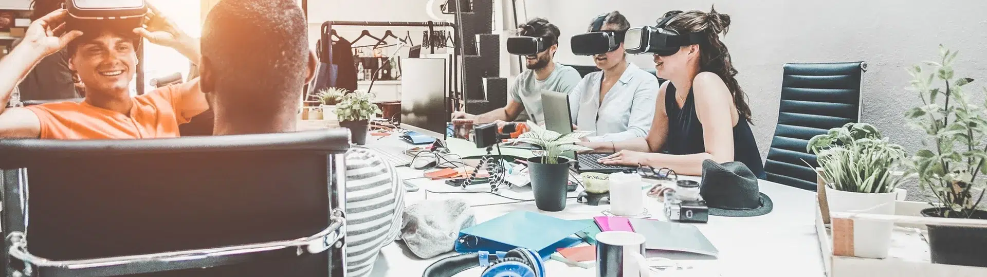Team wearing VR headsets for remote collaboration and communication