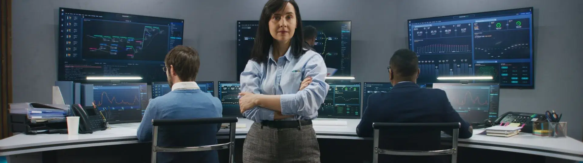 Technology manager overseeing engineering operations and team performance in a multi-screen monitoring environment