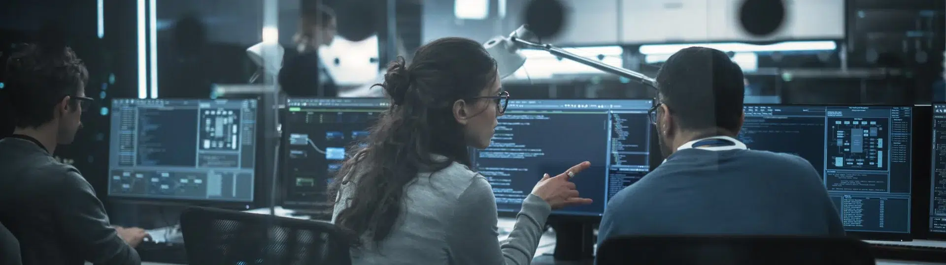 Technology operations team reviewing systems and code on multiple monitors in a dark engineering environment