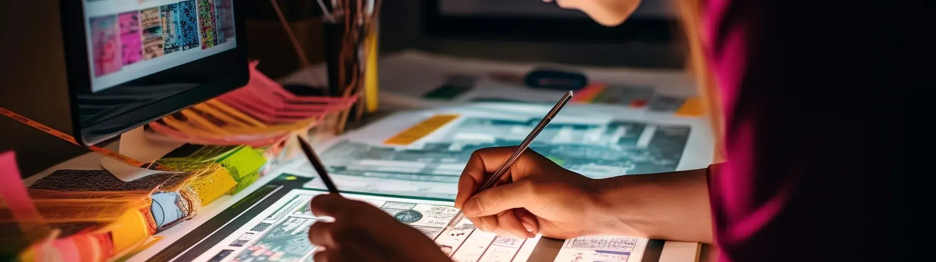 UX designer sketching mobile app layout wireframes at a colorful desk with sticky notes and a monitor