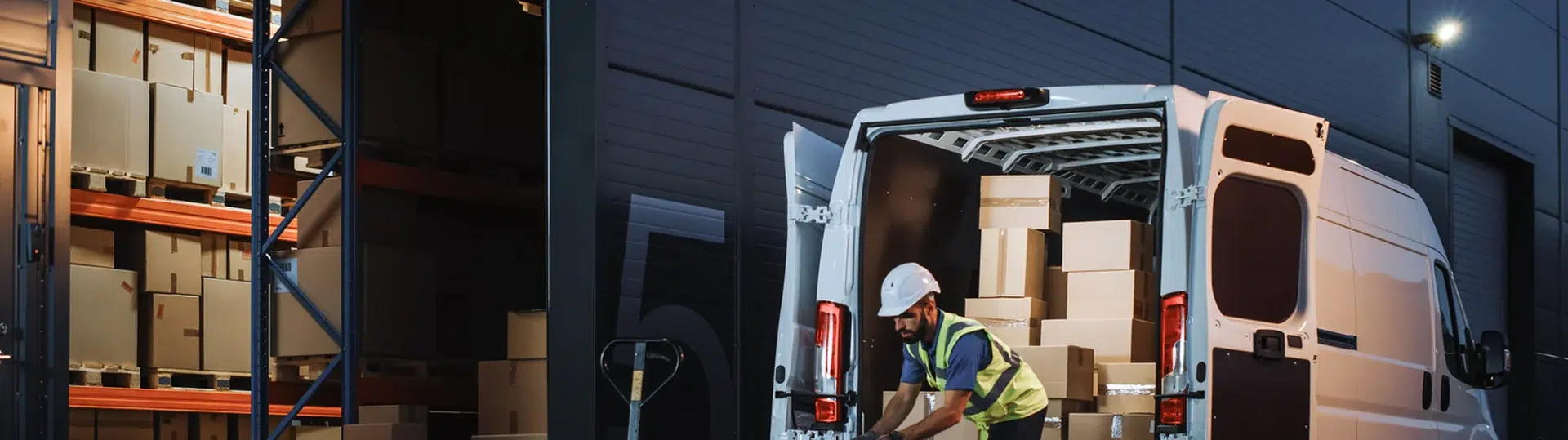 Warehouse worker loading cardboard boxes into a delivery van at night, representing supply chain operations