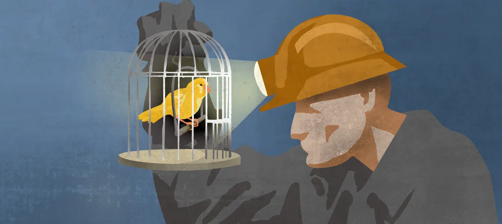 Illustration of a miner with a canary in a cage, representing early-career engineers as early indicators of shifts in AI-assisted development