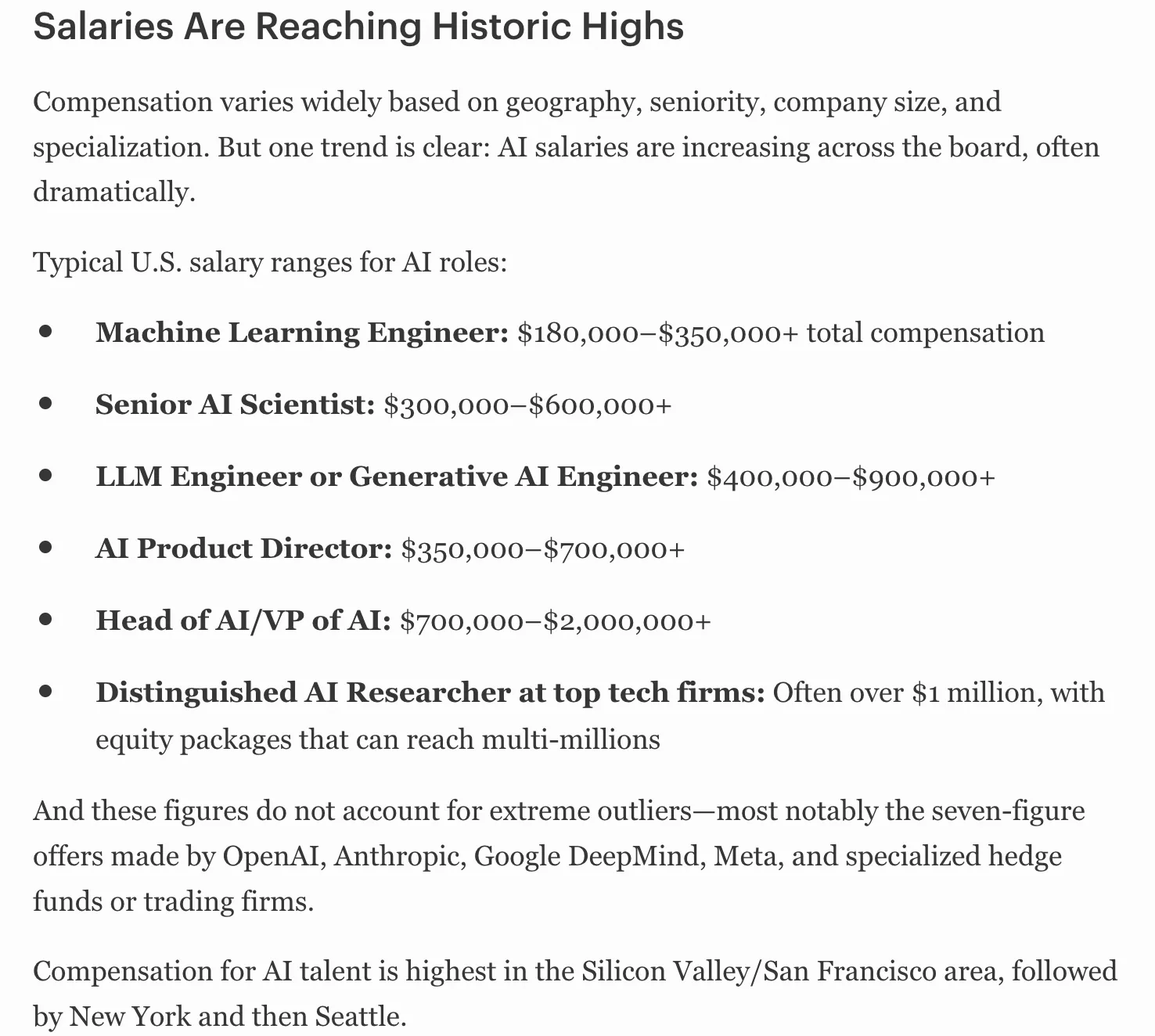 Forbes article showing AI engineer salaries reaching historic highs with ranges from $180K to over $2 million for top roles