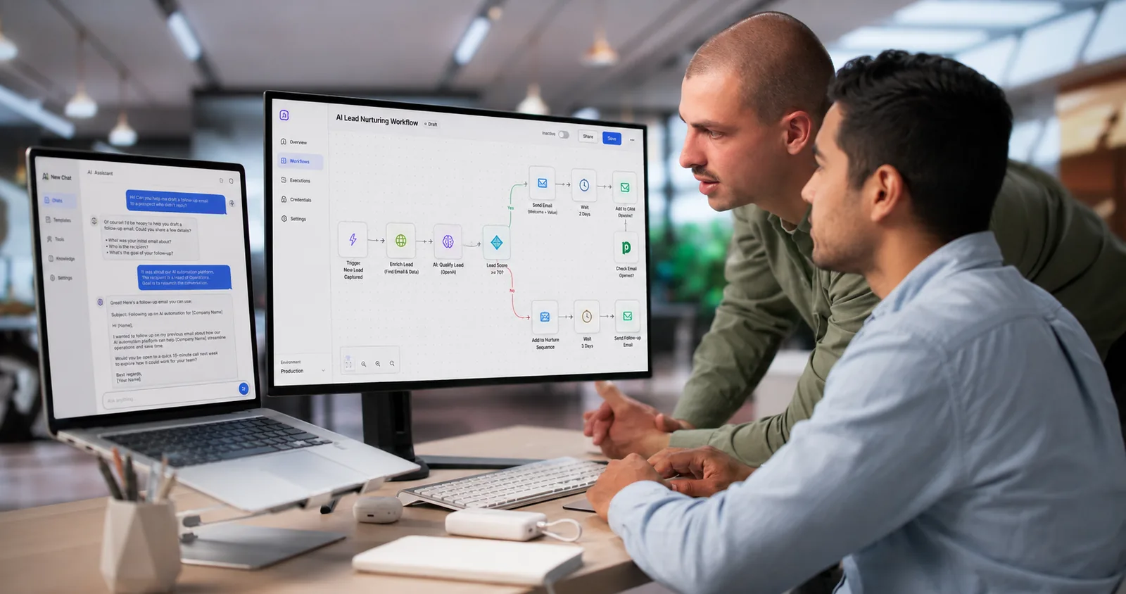 Two engineers reviewing an automated workflow with an AI chat panel